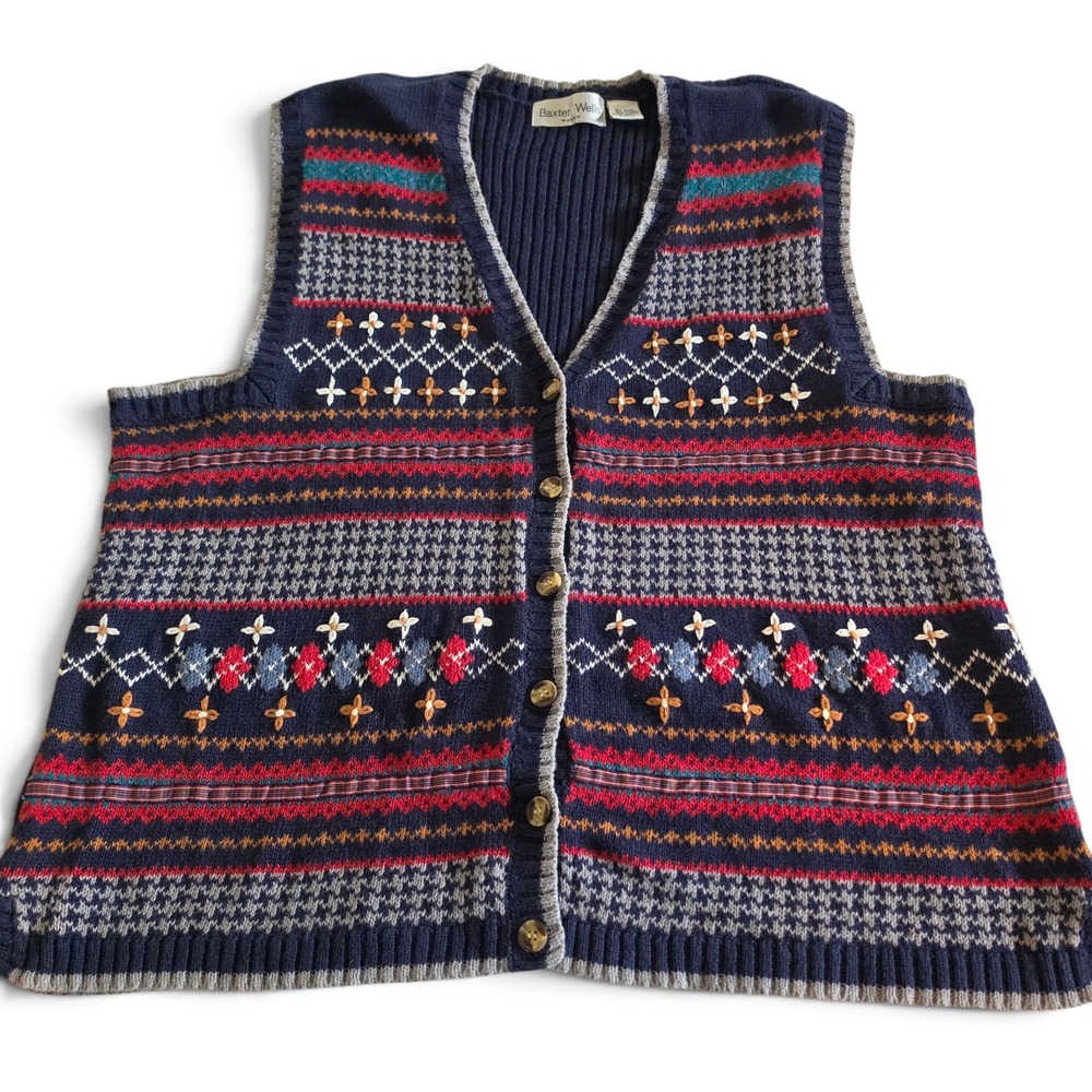 Vintage 90s Baxter Wells Woman Fair Isle Sweater Vest Navy Blue Women's2X